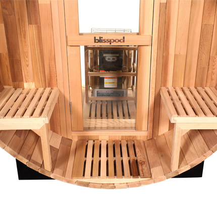Blisspod, Prague, Canadian Red Cedar Outdoor Steam Barell Sauna, 2-4 / 4-6 persons with Full Glass Back & 2 front Porch seats
